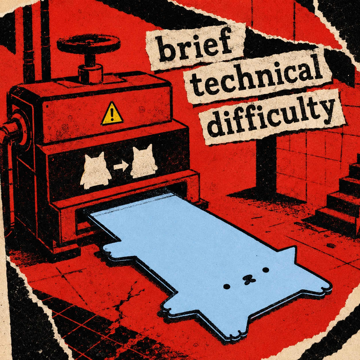 Red and black print-style panel: a heavy industrial press has rolled the blue Nub out completely flat onto the floor. Caption: brief technical difficulty.