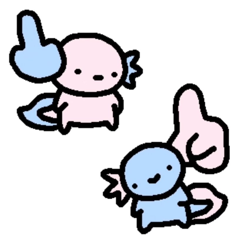 Two round pastel Nubs, one pink and one blue, giving each other a thumbs up.